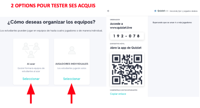 Diapo montrant deux options de jeux et les codes d'accès au jeu, en espagnol. 