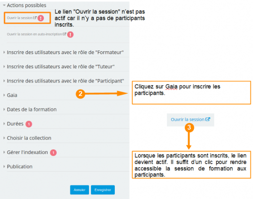 Utiliser la rubrique GAIA pour inscrire les participants et activer le lien d'ouverture de session