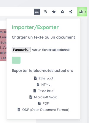 Capture de l'interface avec les modalités d'import d'un document, ou d'export dans différents formats 