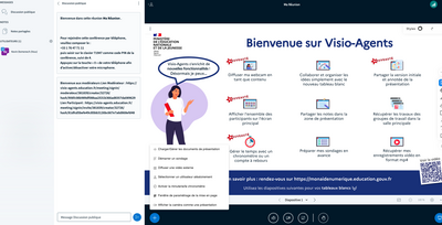 A gauche le tchat, à droit les options : diffuser ma webcam, collaborer et organiser des idées, partager ma présentation initiale et annotée, afficher les participants sur l'écran, partager mes notes, récupérer les travaux des groupes de travail de la salle principale, chronomètre et compte à rebours, préparer un sondage, récupérer une enregistrement