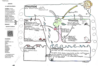 L'image présente la silhouette du cycle du carbone avec ses cinq réservoirs, qu'une équipe d'élèves a complété par des dessins, légendes et flèches.