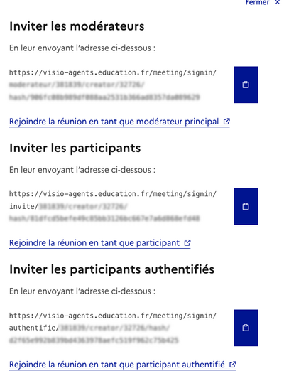 Capture d'écran des liens pour inviter soit des modérateurs, soit des participants, soit des participants authentifiés