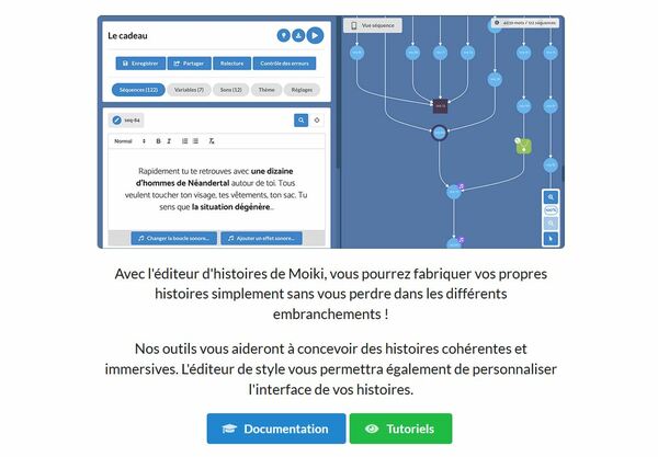 Capture de la page d'accueil du site montrant l'interface et les boutons d'accès à la documentation et aux animations-tutoriels du site.