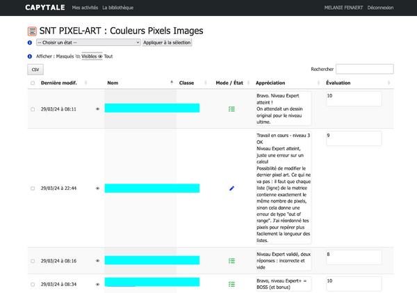 L'interface propose la liste des élèves, l'accès à leur travail, un champ Appréciation et un champ Évaluation.