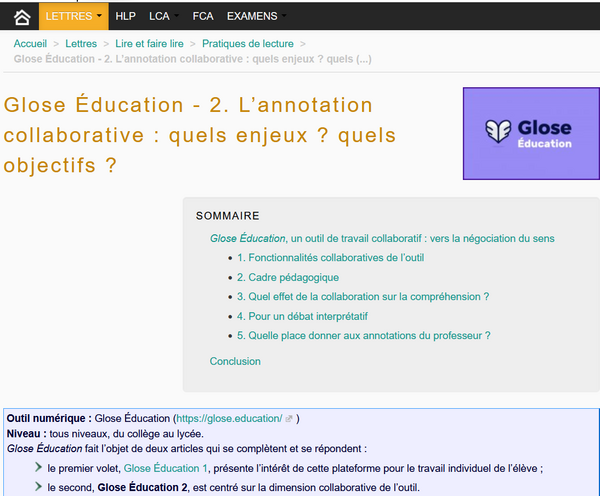 Capture de l'interface de l'application Glose