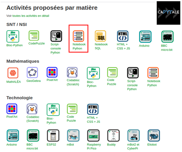 Fenêtre de choix des activités proposées par matière