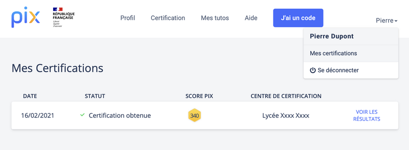 Capture d'écran de la page "Mes certifications" de l'interface Pix